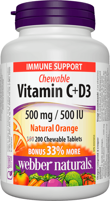 Webber Naturals Vitamine C+D3 500 mg/500 UI Comprimés à croquer - Orange naturelle