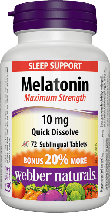 Webber Naturals Mélatonine Force maximale 10 mg Comprimé sublingual à dissolution rapide - Menthe poivrée