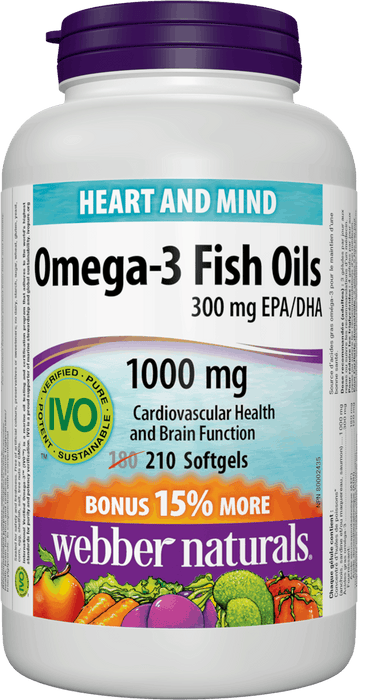 Webber Naturals Gélules d'huiles de saumon sauvage et de poisson oméga-3 1000 mg (EPA 180/DHA 120) - Pack bonus