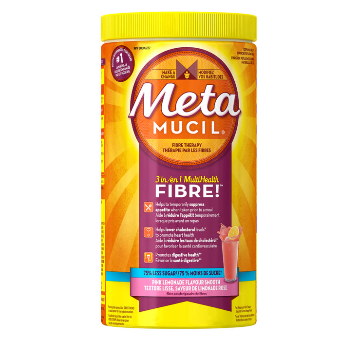 Metamucil 3 en 1 MultiHealth Supplément de fibres en poudre – 75 % moins de sucre – Limonade rose