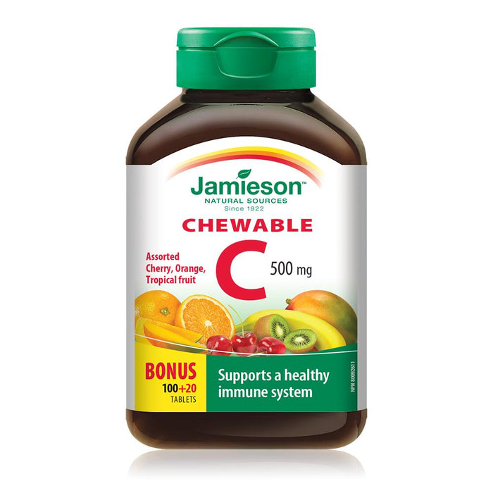 Vitamine C à croquer Jamieson 500 mg - Assortiment de cerises, d'oranges et de fruits tropicaux