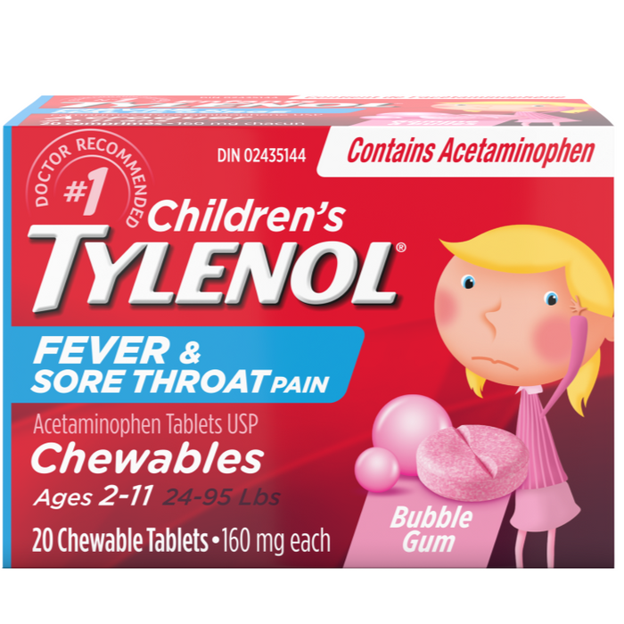 Comprimés à croquer Tylenol pour enfants contre la fièvre et les maux de gorge - Bubble Gum